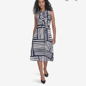 Calvin Klein Navy and White Geometric Midi Dress